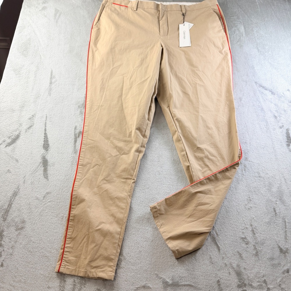 Calvin Klein Men's Slim Fit Chino Pants Tan Red Side Stripe 40x32 NWT